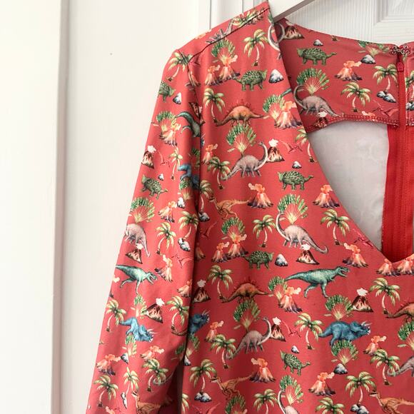 Dolly and Dotty Unique Vintage Red Billie Dinosaur Volcano Flared Midi Dress 10 - Picture 7 of 13